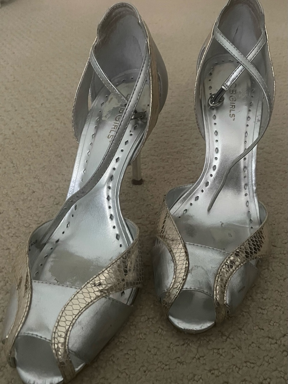 BCBGirls Silver Metallic Snake-Texture Peep-Toe Stiletto Heels